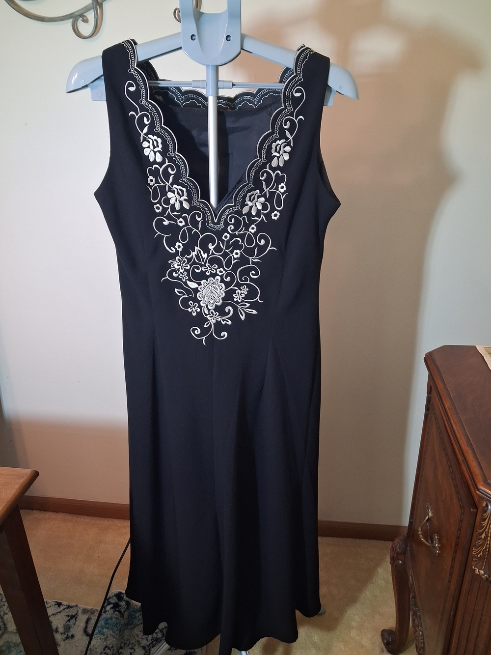 Vintage Black Dress with White Embroidery Detail